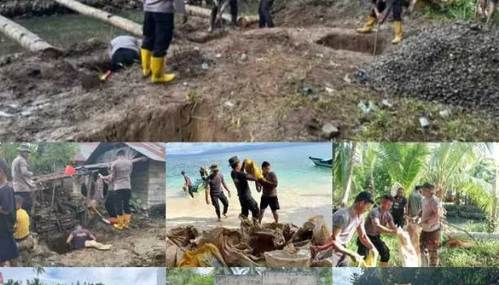 Brimob Maluku Utara Bersama Warga Bangun Jembatan Desa Salube